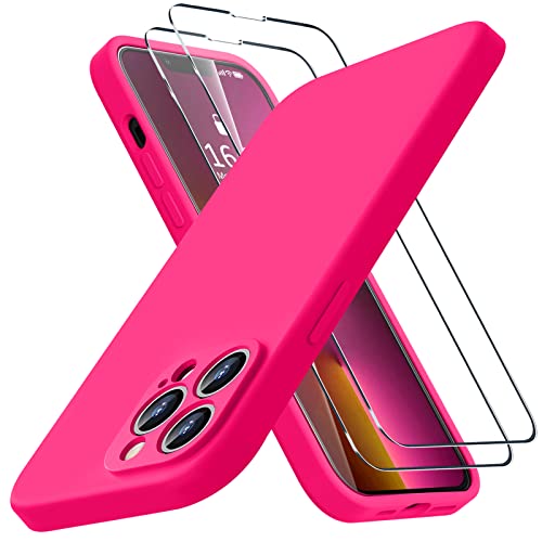 BossKiss Compatible with iPhone 13 Pro Max Case, Premium Liquid Silicone Case [Velvety Touch] [2 Pcs 9H Tempered Glass Screen Protector], Camera All-Round Protection Shockproof Kit Case, Hot Pink