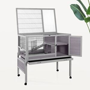 medehoo rabbit hutch with wheels indoor outdoor guinea pig cage with 3 access doors, pull-out tray, removable wire mesh and uv proof panel(39.7 inch)