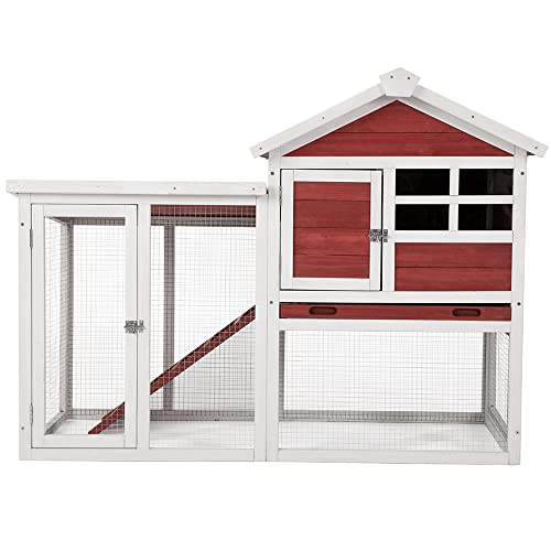 BIRASIL Wood Rabbit Hutch, Guinea Pig Cage with Pull Out Tray, 2 Levels Bunny House for Small Animals Outdoor Indoor (Red, 48 Inch)