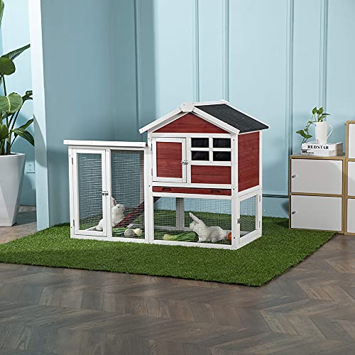 BIRASIL Wood Rabbit Hutch, Guinea Pig Cage with Pull Out Tray, 2 Levels Bunny House for Small Animals Outdoor Indoor (Red, 48 Inch)