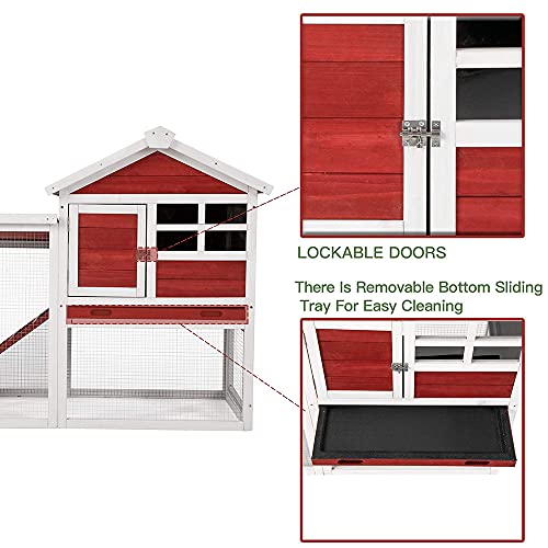 BIRASIL Wood Rabbit Hutch, Guinea Pig Cage with Pull Out Tray, 2 Levels Bunny House for Small Animals Outdoor Indoor (Red, 48 Inch)