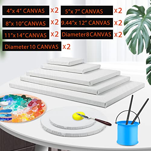 14 Packs Stretched Canvases for Painting,Multi Pack 11x14, 9.44x12, 8x10, 5x7, 4x4, Round Canvas with 8x8,10x10(2 of Each), Blank Primed Canvas for Oil Paint,Acrylic Paint,for Beginner,Artist.