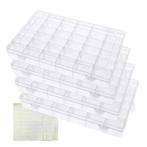 prtty 4 pack 36 grids plastic organizer box crafts storage beads organizer with adjustable dividers,jewelry storage box with 400pcs label stickers,for fishing tackles,beads,jewelry,rock collection.