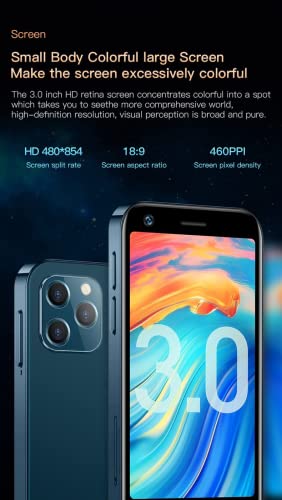 XS12 Pro Super Mini 4G LTE Smartphone 3.0-inch Display 4GB RAM 32GB/64GB ROM 8 Core Android 10.0 Dual SIM 2000mAh 13MP with Google Play Store Backup Small Mobile Phone (Blue,4GB+32GB)