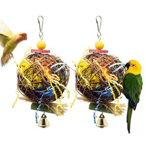 zomine 2 pack hanging bird chewing takraw toys - diy foraging shredder toy natural bird toy accessories hand woven with bell easy to install suitable for small or medium birds
