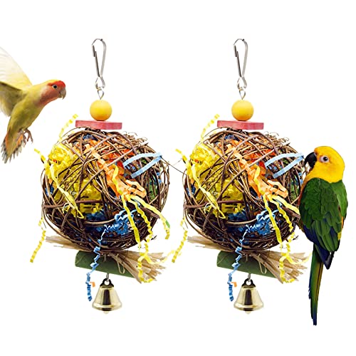 Zomine 2 Pack Hanging Bird Chewing Takraw Toys - DIY Foraging Shredder Toy Natural Bird Toy Accessories Hand Woven with Bell Easy to Install Suitable for Small or Medium Birds