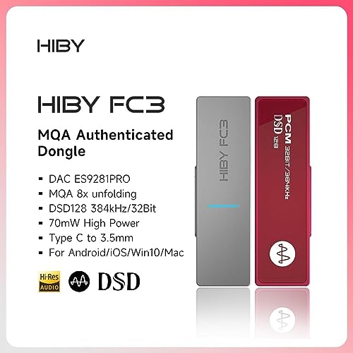 HiBy FC3 USB DAC Headphone Amp MQA dongle HiFi Audio dac RGB Indicator Volume Control Plug and Play Supports Microphone 3.5mm Output Black