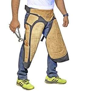 equine care farrier chaps with back support, 4 knife pockets & nail magnet cow hide suede leather and canvas horse shoeing apron (25 inch-65 cm)