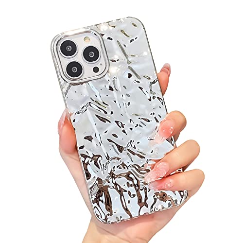 Compatible for iPhone 13 Pro Max Case Cute Luxury Designer Tin Foil Pleated Phone Cover for Women Electroplated Sparkly Silicone Protective Slim Fit Soft Case 6.7Inch (Silver Glossy-iPhone 13 Pro Max)