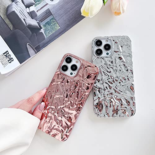 Compatible for iPhone 13 Pro Max Case Cute Luxury Designer Tin Foil Pleated Phone Cover for Women Electroplated Sparkly Silicone Protective Slim Fit Soft Case 6.7Inch (Silver Glossy-iPhone 13 Pro Max)