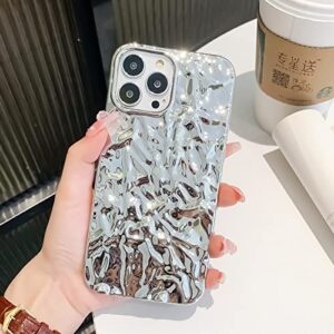 Compatible for iPhone 13 Pro Max Case Cute Luxury Designer Tin Foil Pleated Phone Cover for Women Electroplated Sparkly Silicone Protective Slim Fit Soft Case 6.7Inch (Silver Glossy-iPhone 13 Pro Max)