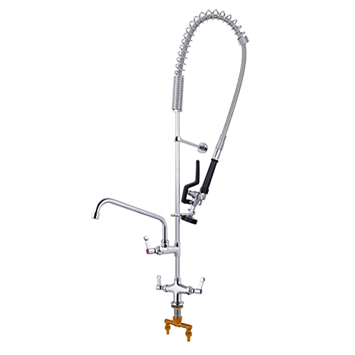 MaxSen Commercial Faucet with Sprayer Deck Mounted 43 Inch Height Pre-Rinse Faucet Commercial Sink Faucet Ideal for Food Service Commercial Kitchens Restaurant Hotel 12 Inch Swing Spout