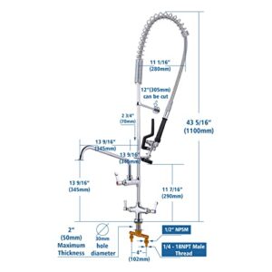 MaxSen Commercial Faucet with Sprayer Deck Mounted 43 Inch Height Pre-Rinse Faucet Commercial Sink Faucet Ideal for Food Service Commercial Kitchens Restaurant Hotel 12 Inch Swing Spout