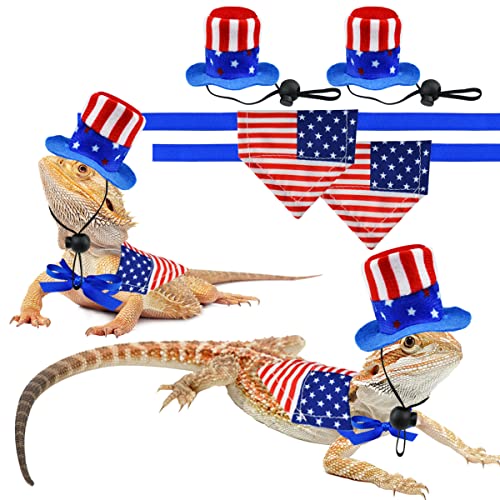 Vehomy 4Pcs Independence Day Bearded Dragon Costume 4th of July Bearded Dragon Hats Lizard Bandanas Lizard Uncle Sam Hat American Flag Hat Lizard Flag Bandana Scarf for Hamster Leopard Gecko