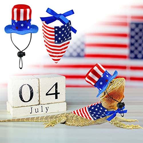 Vehomy 4Pcs Independence Day Bearded Dragon Costume 4th of July Bearded Dragon Hats Lizard Bandanas Lizard Uncle Sam Hat American Flag Hat Lizard Flag Bandana Scarf for Hamster Leopard Gecko