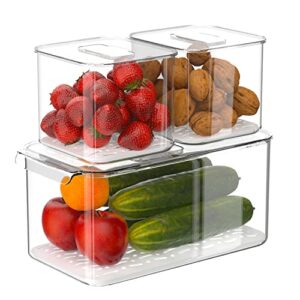 gedlire produce saver containers for refrigerator 3 pack, stackable plastic fridge food fruit vegetables storage bins with vented lids, clear freezer fresh keeper organizers and storage container set