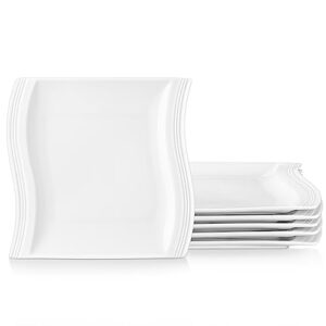 malacasa white square dinner plates - 10 inch porcelain serving plates set of 6, modern ceramic salad dessert plates, dishwasher, oven and microwave safe kitchen plates, series flora