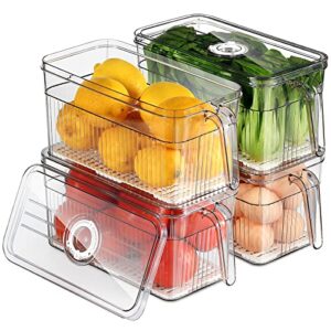 fridge organizer with freshness timer lid, stackable refrigerator organizer bins with front handle and drain tray, bpa-free clear plastic food storage bins for kitchen, pantry, cabinet ( 3l, 4pack)