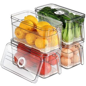 Fridge Organizer with Freshness Timer Lid, Stackable Refrigerator Organizer Bins with Front Handle and Drain Tray, BPA-FREE Clear Plastic Food Storage Bins for Kitchen, Pantry, Cabinet ( 3L, 4Pack)