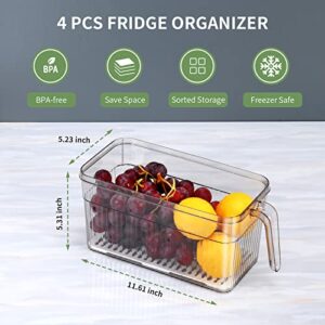 Fridge Organizer with Freshness Timer Lid, Stackable Refrigerator Organizer Bins with Front Handle and Drain Tray, BPA-FREE Clear Plastic Food Storage Bins for Kitchen, Pantry, Cabinet ( 3L, 4Pack)