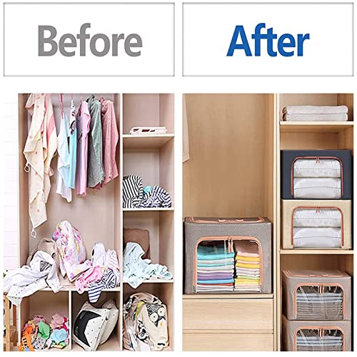 OJIMO Foldable Clothes Storage Bins 2 Pack,Stackable Metal Frame Storage Box w/Reinforced Handle, Stackable Thick Linen Fabric Closet Organizer Set with Clear Windows, Sturdy Zippers(15.4x11.4x7.9in)