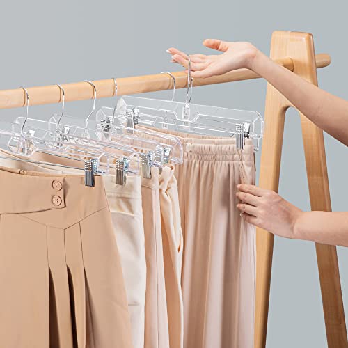 HOUSE DAY Pants Hangers 12 Pack Skirt Hangers with Clips 14 Inch Clear Hangers 360-Rotating Stainless Steel Clips,Hangers with Adjustable Clips for Adult and Hangers for Pants, Skirts, Jeans,Slacks