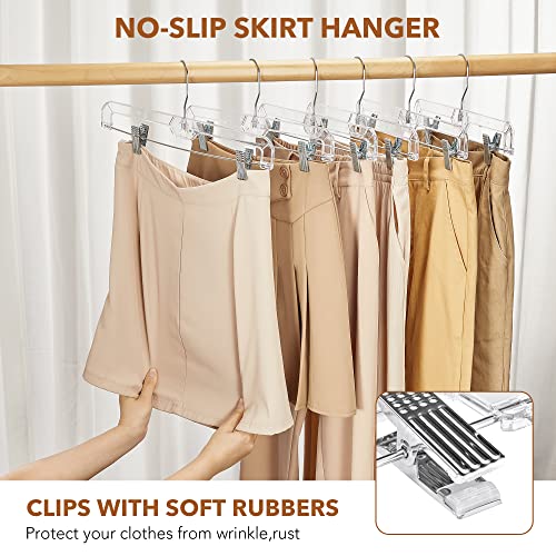 HOUSE DAY Pants Hangers 12 Pack Skirt Hangers with Clips 14 Inch Clear Hangers 360-Rotating Stainless Steel Clips,Hangers with Adjustable Clips for Adult and Hangers for Pants, Skirts, Jeans,Slacks