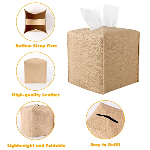 DIGHEIGG Tissue Box Cover, Modern PU Leather Square Tissue Box Holder - Bathroom Organizer Decorative Box Holder for Vanity Countertop, Night Stands, Office Desk & Car 5"X5"X5" - Beige