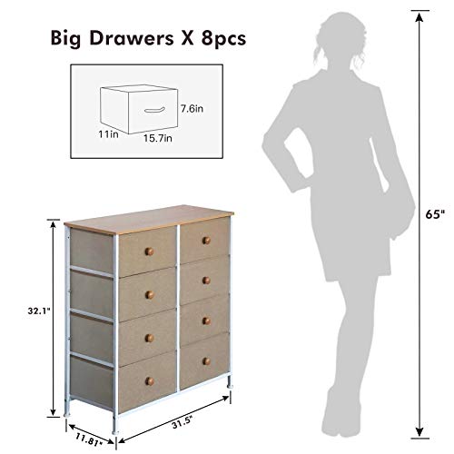 Storage Tower with 8 Drawers, Dresser for Bedroom, Closet Organizer Unit Furniture, Corner Chest Bin Organization for Living Room, Dorm, Steel Frame Easy Pull Fabric Bins, Wooden Top - DS007D