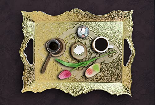 ChanceGift Turkish Tea Coffee Beverage Dinning Gold Serving Tray and Platters with Handled Ottoman Motif Decorative Middle Table Rectangular (16.1x11.6x1Inc) 40x29.5x2cm