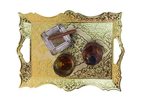 ChanceGift Turkish Tea Coffee Beverage Dinning Gold Serving Tray and Platters with Handled Ottoman Motif Decorative Middle Table Rectangular (16.1x11.6x1Inc) 40x29.5x2cm
