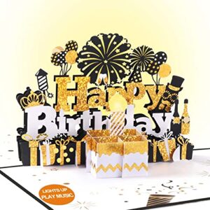 birthday card, musical birthday cards with light and music, 3d birthday pop up card birthday gift, blow out led light and play happy birthday music singing card for men or women-black gold