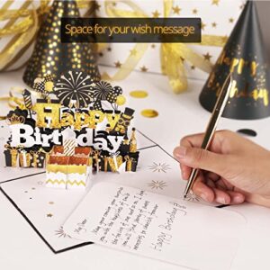 Birthday Card, Musical Birthday Cards with Light and Music, 3D Birthday Pop Up Card Birthday Gift, Blow Out LED Light and Play Happy Birthday Music Singing Card for Men or Women-Black Gold