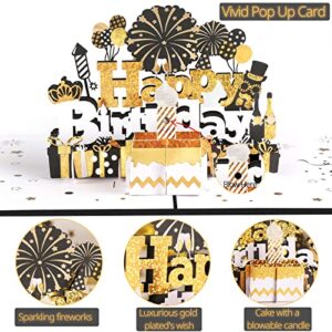 Birthday Card, Musical Birthday Cards with Light and Music, 3D Birthday Pop Up Card Birthday Gift, Blow Out LED Light and Play Happy Birthday Music Singing Card for Men or Women-Black Gold