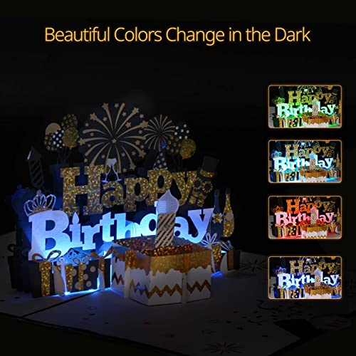 Birthday Card, Musical Birthday Cards with Light and Music, 3D Birthday Pop Up Card Birthday Gift, Blow Out LED Light and Play Happy Birthday Music Singing Card for Men or Women-Black Gold