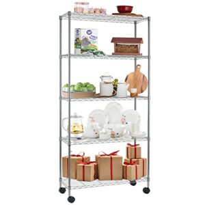 pikaqtop 5-tier storage shelves heavy duty (750lbs capacity) for storage kitchen garage, industrial commercial-grade wire rack shelving with wheels, height adjustable organizer rack for pantry