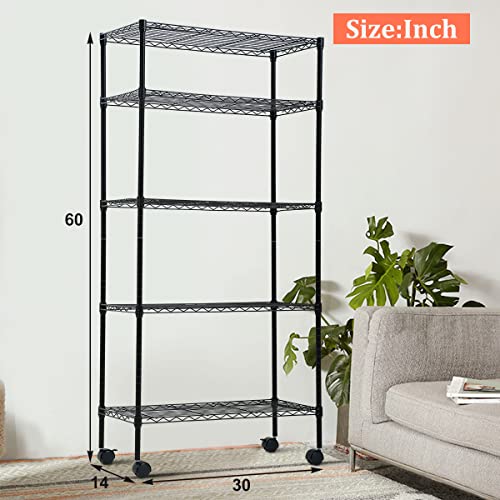 PIKAQTOP 5-Tier Heavy Duty Metal Shelves for Storage Kitchen Garage (750LBS Capacity), Industrial Commercial-Grade Shelves w/Wheels & Leveler Feet, Height Adjustable Wire Rack Shelving for Pantry