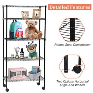 PIKAQTOP 5-Tier Heavy Duty Metal Shelves for Storage Kitchen Garage (750LBS Capacity), Industrial Commercial-Grade Shelves w/Wheels & Leveler Feet, Height Adjustable Wire Rack Shelving for Pantry