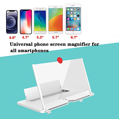 Phone Screen Magnifier, Screen Amplifier 3D HD Screen Projector with Foldable Stand, Phone Screen Magnifier for Watching Movies, Videos, Games and Reading, Compatible with All Phones (White)