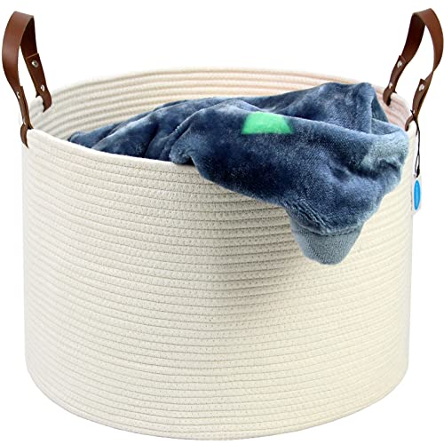 Casaphoria XXXLarge Cotton Rope Basket for Living Room - Woven Storage Basket with long Handle for Blankets, Towels and Pillows Laundry Hamper | Beige 20" x 20" x 13")