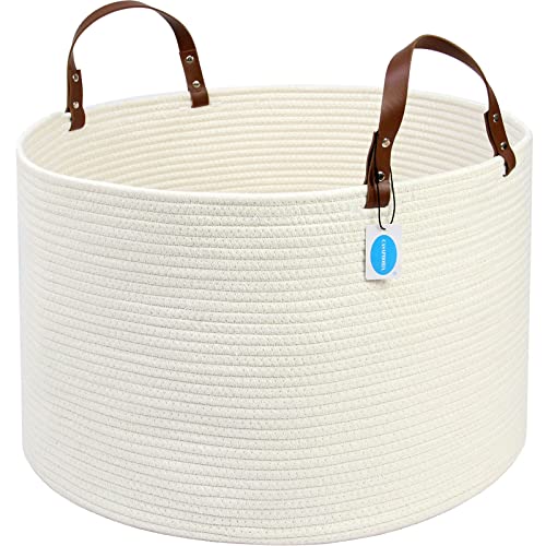 Casaphoria XXXLarge Cotton Rope Basket for Living Room - Woven Storage Basket with long Handle for Blankets, Towels and Pillows Laundry Hamper | Beige 20" x 20" x 13")