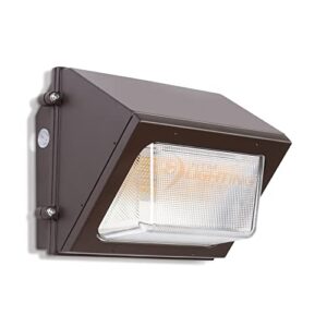 all-in-one 60w led wall pack fixture - photocell dusk-to-dawn sensor - 100w-320w mh/hps equal - commercial outdoor step-dimmable led security wall light - 3000k-5000k cct tunable - 100-277vac - bronze