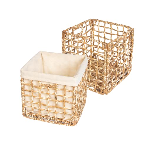 WERORA - Wicker Storage Baskets for Shelves, 2 Packs Water Hyacinth Storage Baskets with Handles, Foldable Square Pantry Baskets, Wicker Storage Basket for Toys, Bookself.