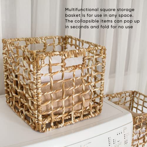 WERORA - Wicker Storage Baskets for Shelves, 2 Packs Water Hyacinth Storage Baskets with Handles, Foldable Square Pantry Baskets, Wicker Storage Basket for Toys, Bookself.