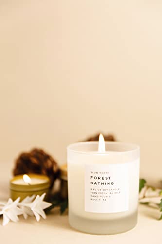 Slow North Forest Bathing Candle (8 oz) Scented with Essential Oils Soy Wax Candle, 100% Pure, Reusable Frosted Glass Tumbler with Cork Lid, Cotton Wick, Hand-poured in USA