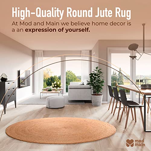 Mod and Main Jute Area Rug - Round Braided Rustic Rug - Vintage Woven Rug - Jute Rugs for Bedroom, Kitchen, Living Room, Farmhouse - Beige (4' Round)