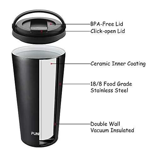 Funkrin Insulated Coffee Mug with Ceramic Coating, 22oz Iced Coffee Tumbler Cup with Flip Lid and Handle, Double Wall Vacuum Leak-Proof Thermos Mug for Travel Office School Party Camping