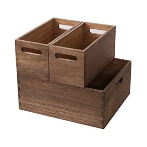 ddyuri stackable storage bins for closet bookshelf (3pack)- decorative wooden storage basket cube with handles for book shelves - functional wood box for toys organizer dark black（3th-dk
