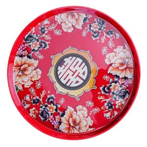 operitacx chinese wedding red plastic plate: vintage tea serving tray snack fruit platter dessert plate candy bowl appetizer dish for bridal shower party decorations ( round )