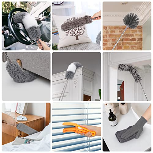 12pcs Microfiber Dusters, Duster with Extension Pole(Stainless Steel) 30 to 100'', Washable Dusters, Bendable Extendable Long Feather Duster for Cleaning Fan, High Ceiling, Blinds, Furniture, Cars